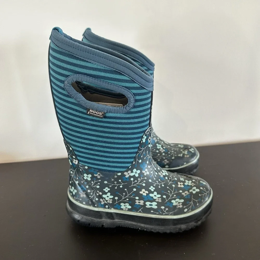 Bogs High Flower Stripe Waterproof Winter Rain Mud Snow Boot Black Girls 11 EUC